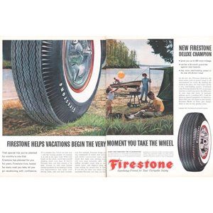 1961 Firestone Deluxe Champion Tires 2 Page Vintage Print Ad Summer Vacation Art